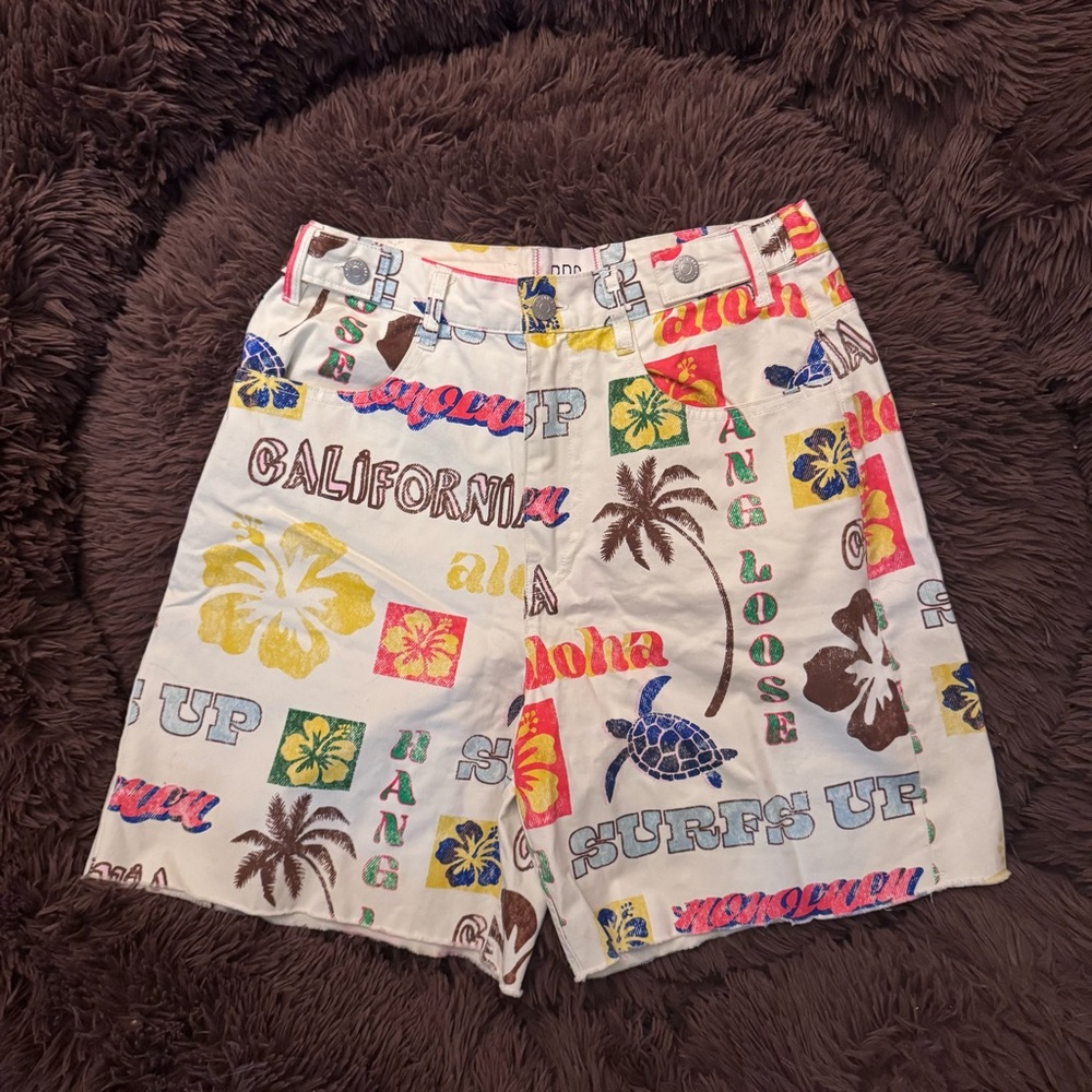 BDG White Tropical Logo & Hibiscus Print Women's Shorts
